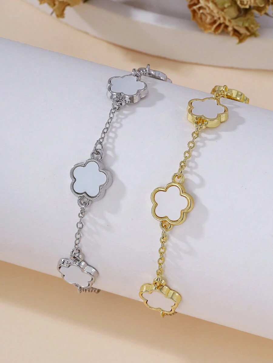 2 chiếc vòng tay bằng đồng hình hoa 5 cánh tối giản, đeo thường ngày hoặc làm quà tặng Valentine - Trắng trắng + trắng vàng - Xem 1