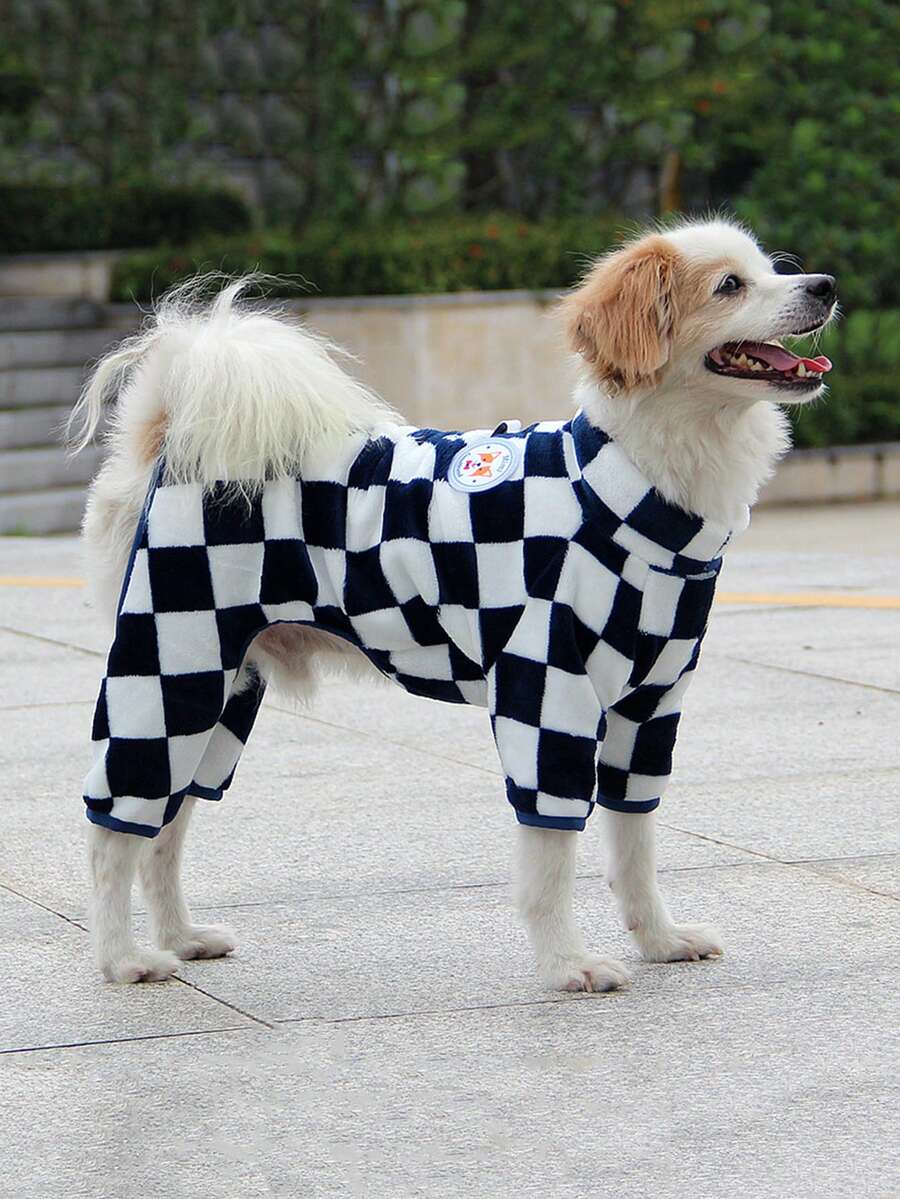 1pc Plaid Pattern Thermal Lined Pet Dog Coat, Warm And Cozy Sweatshirt - Blue - View 1