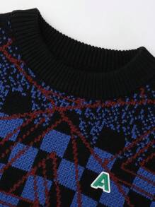 Annil And Warm Checkerboard Jacquard Sweater. Boys' Children's Clothing. Round Neck Long-Sleeved Knitted Sweater. Soft, Comfortable And Loose Top.