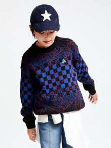 Annil And Warm Checkerboard Jacquard Sweater. Boys' Children's Clothing. Round Neck Long-Sleeved Knitted Sweater. Soft, Comfortable And Loose Top.