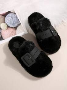Fluffy Slide Sandals For Women, Closed Toe, Buckle Strap, Flat Bottom, For Indoor & Outdoor Wear, Autumn/Winter New