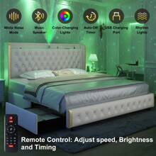 Gegoforu Queen LED Bed Frame With Galaxy Projector, Bluetooth Speakers, USB Charging, 4 Storage Drawers, Velvet Upholstery, No Box Spring Needed - 絲絨霜 - 查看 1