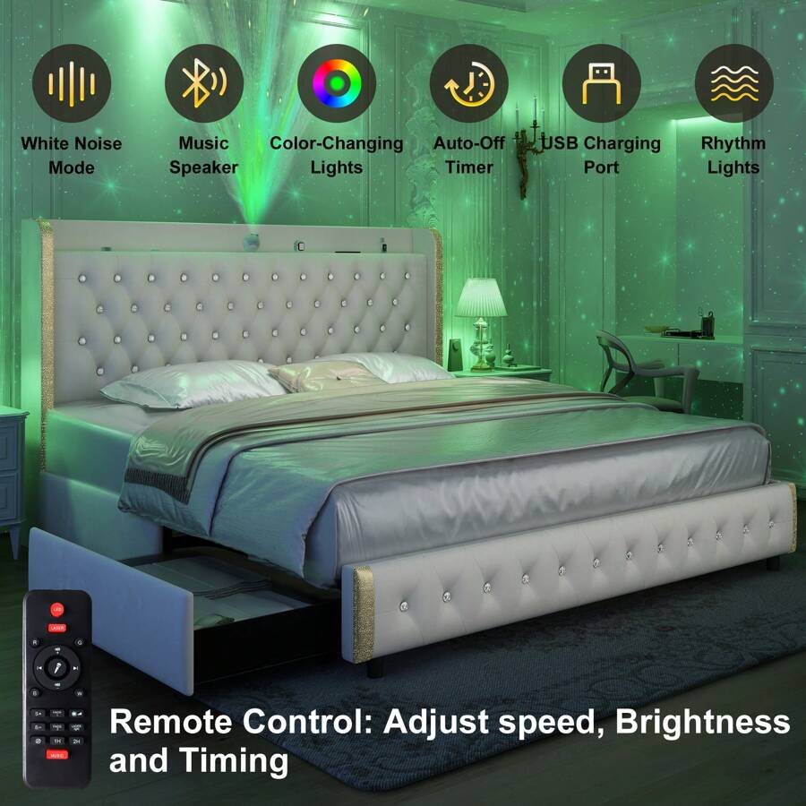 Gegoforu Queen LED Bed Frame With Galaxy Projector, Bluetooth Speakers, USB Charging, 4 Storage Drawers, Velvet Upholstery, No Box Spring Needed - 絲絨霜 - 查看 1