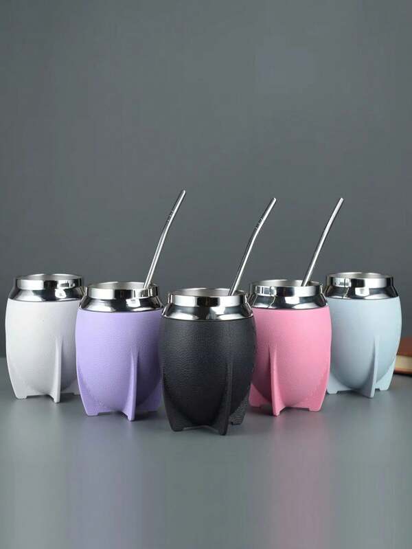 1 Set, Double Wall Layer 304 Stainless Steel Yerba Mate Tea Cup, Include Insulated Yerba Mate Cup, Cup Sleeve(Can't Take Off)And Mate Straw Spoon , For Mate Tea, 280ml/9.47in, Coffee, Easy To Clean )(Black/White/Pink/Purple/Light Blue/Dark Red), Gift For Valentine's Day.
