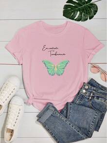 Women's T-Shirt With Butterfly Print In Constant Transformation, Motivational Phrases - 淺粉色 - 查看 3
