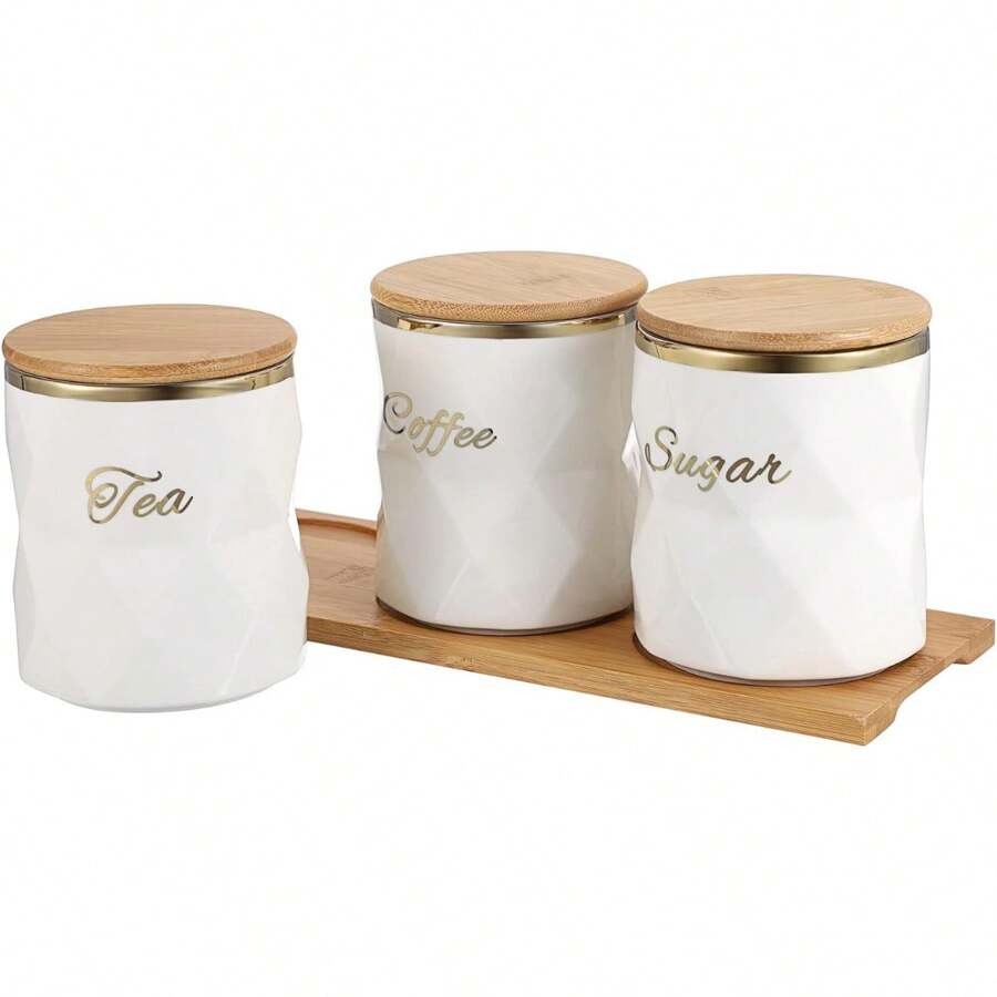 White Ceramic Sugar Coffee Tea Canisters With Lid And Tray Airtight