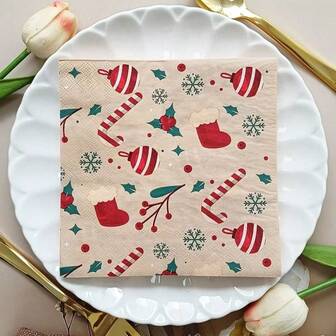 1pc Christmas Printed Napkins Red Christmas Series Square Napkins Party Disposable Paper Placemats Christmas, Perfect For Christmas Restaurant Party Home Party Supplies, Happy New Year, Family Dinner Supplies,Christmas