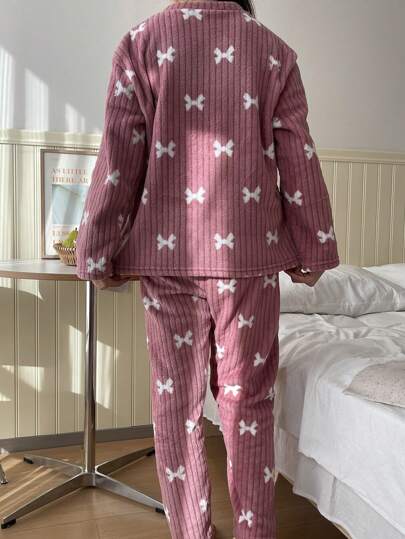 Set Coral Fleece Flannel Bow Top Pants Fluffy Pajama Set, Print Sleepwear Two Pieces Fall Clothes, Cozy view 5