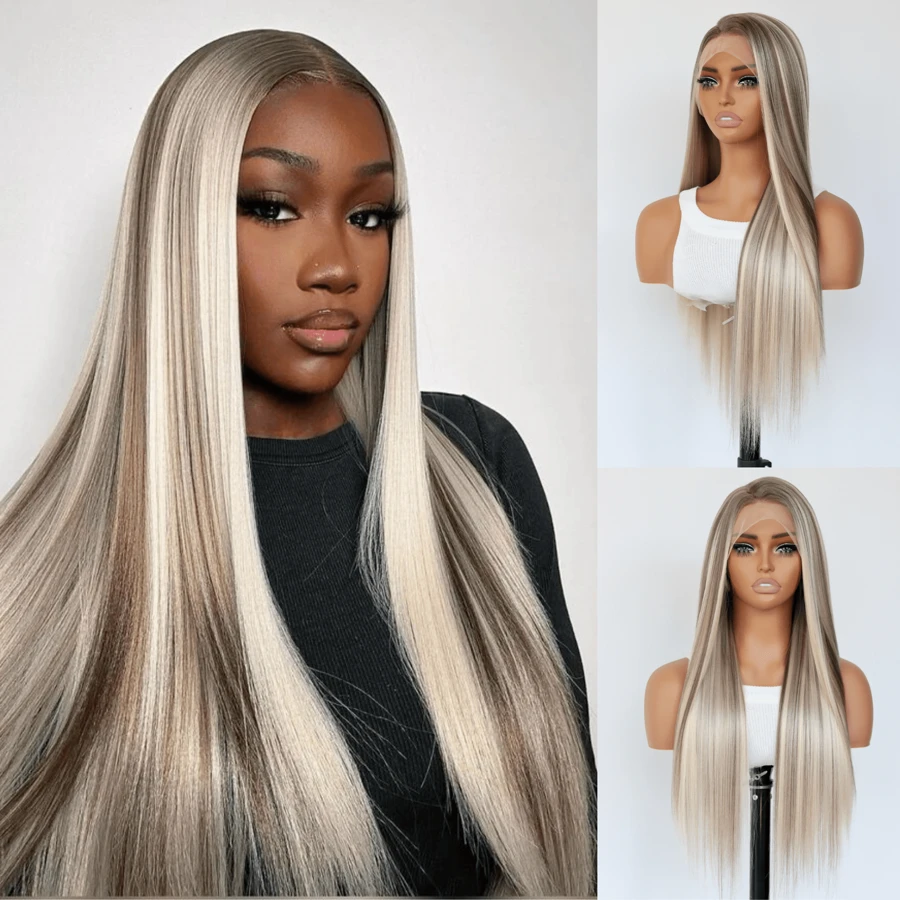Ombre Blonde Straight Wig Mixed Brown And Blonde Color Lace Front Wigs For Women Highlight Synthetic Wig 13x4 Lace Front Wigs 150 Density 24 Inches - 間色 - 查看 1