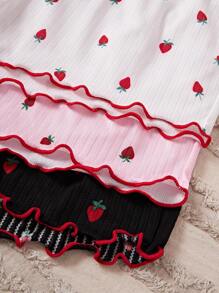 3pcs/Set Women Solid Color And Strawberry Print Frill Trim Comfortable Breathable Pajama Set - Multicolor - View 6