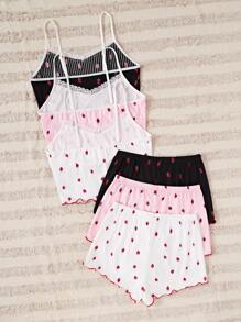 3pcs/Set Women Solid Color And Strawberry Print Frill Trim Comfortable Breathable Pajama Set - Multicolor - View 2