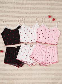 3pcs/Set Women Solid Color And Strawberry Print Frill Trim Comfortable Breathable Pajama Set - Multicolor - View 3