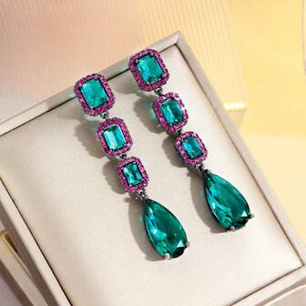 SEQUITO 2Pcs Vintage Boho Long Waterdrop Dangle Earrings Black Gold Plated Paved Rose Multicolor AAA Zirconia Crystal Popular Women Ear Jewelry For Pageant Party