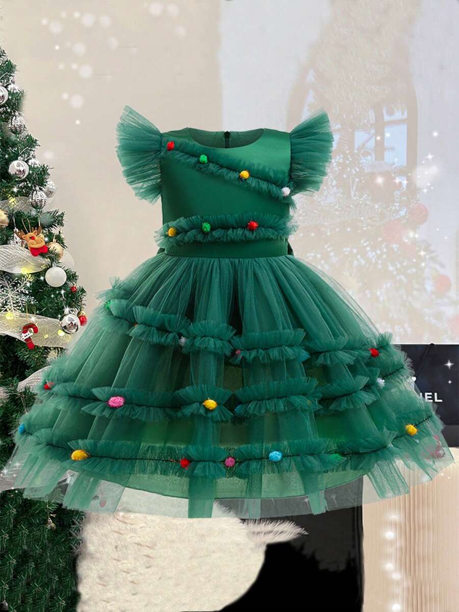 年轻女孩经典圣诞绿色短款盖袖彩色 3D 球装饰公主裙，带可拆卸大蝴蝶结和网眼撞色，派对/晚礼服