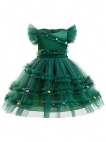 年轻女孩经典圣诞绿色短款盖袖彩色 3D 球装饰公主裙，带可拆卸大蝴蝶结和网眼撞色，派对/晚礼服 - 綠色 - 查看 6