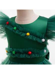 年轻女孩经典圣诞绿色短款盖袖彩色 3D 球装饰公主裙，带可拆卸大蝴蝶结和网眼撞色，派对/晚礼服 - 綠色 - 查看 8