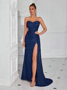 ADYCE 露背心形领口长腰带系腰前开衩派对礼服，优雅正式晚礼服，适合婚礼宾客、毕业典礼、晚宴等场合，亮片点缀，新年礼服