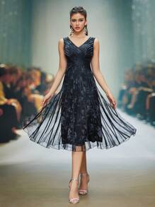 V-Neck Criss-Cross Floral Printed Mesh A-Line Formal Dress, Wedding Event Dress Party Dress Wedding Guest Dress Evening Dress - Black - View 7