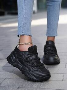 New Fashionable Women's Shoes With Laces, Black Mesh Spliced Leather Upper, Comfortable Soft Bottom Lightweight Thick Sole Sneakers, Spring/Autumn - Black - View 2