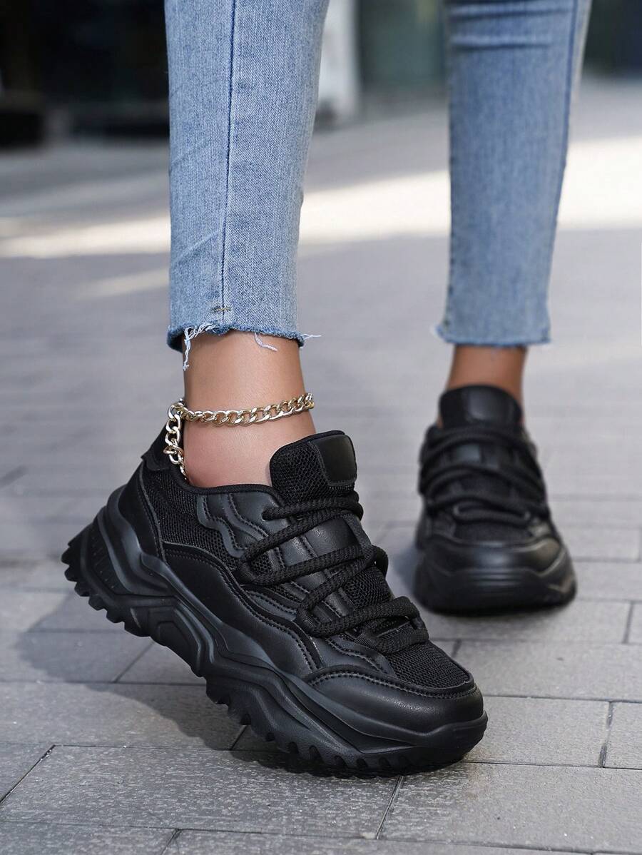 New Fashionable Women's Shoes With Laces, Black Mesh Spliced Leather Upper, Comfortable Soft Bottom Lightweight Thick Sole Sneakers, Spring/Autumn