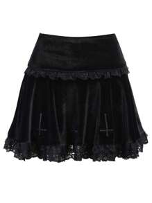 Falda de mujer con bordado cruzado, falda elegante con ribete de encaje para fiestas. - Negro - Ver 6