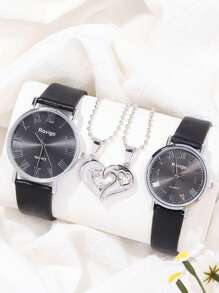 Bộ 4 món: Đồng hồ đôi tròn thời trang thường ngày có dây đeo bằng da + Dây chuyền mặt trái tim - màu đen - Xem 1