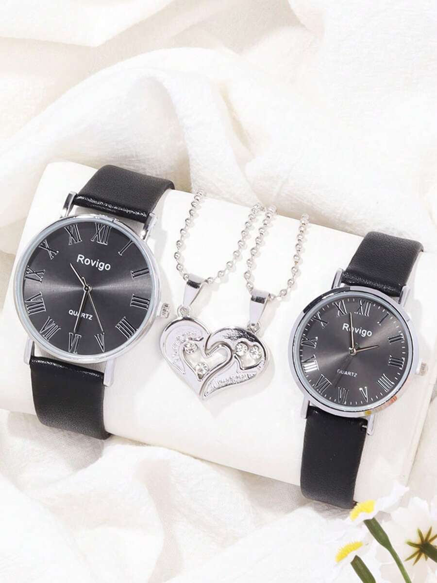 Bộ 4 món: Đồng hồ đôi tròn thời trang thường ngày có dây đeo bằng da + Dây chuyền mặt trái tim - màu đen - Xem 1