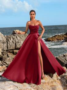Faeriesty Elegantes Damen Abendkleid mit geraffter Taille und hohem Schlitz - Frühlings-/Sommer-Abendkleid für Hochzeiten, Galas, rote Teppich-Events, Partykleider, Hochzeitsgast-Kleider, Sommerurlaubs-Outfits