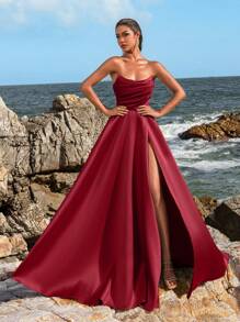 Faeriesty Elegantes Damen Abendkleid mit geraffter Taille und hohem Schlitz - Frühlings-/Sommer-Abendkleid für Hochzeiten, Galas, rote Teppich-Events, Partykleider, Hochzeitsgast-Kleider, Sommerurlaubs-Outfits