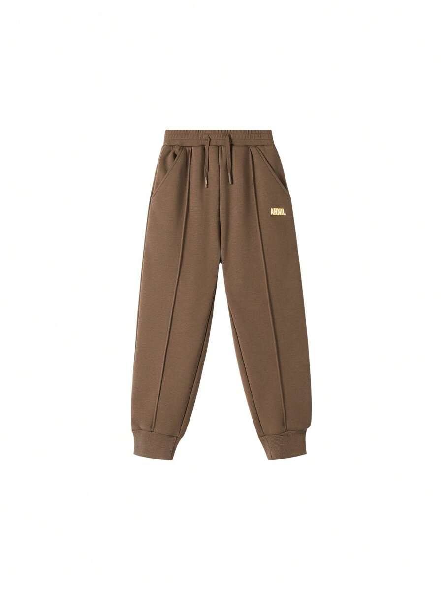 Annil Quần áo cho bé gái tuổi mới lớn. Màu trơn, đơn giản và thời trang. Quần dệt kim Clamdiggers cạp cao thêu chữ cái. Thân thiện với da, thoải mái và mềm mại. Ấm áp và giữ nhiệt với lớp lông cừu tổng hợp. Quần dài lót nhiệt. - màu nâu - Xem 1