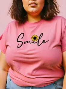 Women's T-Shirt 100% Cotton Shirt Lightweight Short Sleeve Round Neck T-Shirt Smile Print Blouse - 粉色 - 查看 2