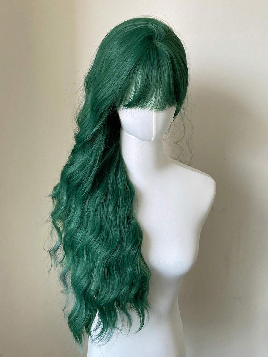 Cosplay Cute Wigs Dark Green Medium Part Bangs Long Curly 26Inch