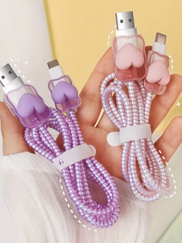 4pcs Heart-Shaped Transparent Gradient Charging Cable Protectors Compatible With Iphone14 Pro Max, Charging Adapter Protectors Compatible With Iphone 13/12/11, 18/20W Fast Charging Cord Winders, Boyfriend/Girlfriend Gifts Charger Protector