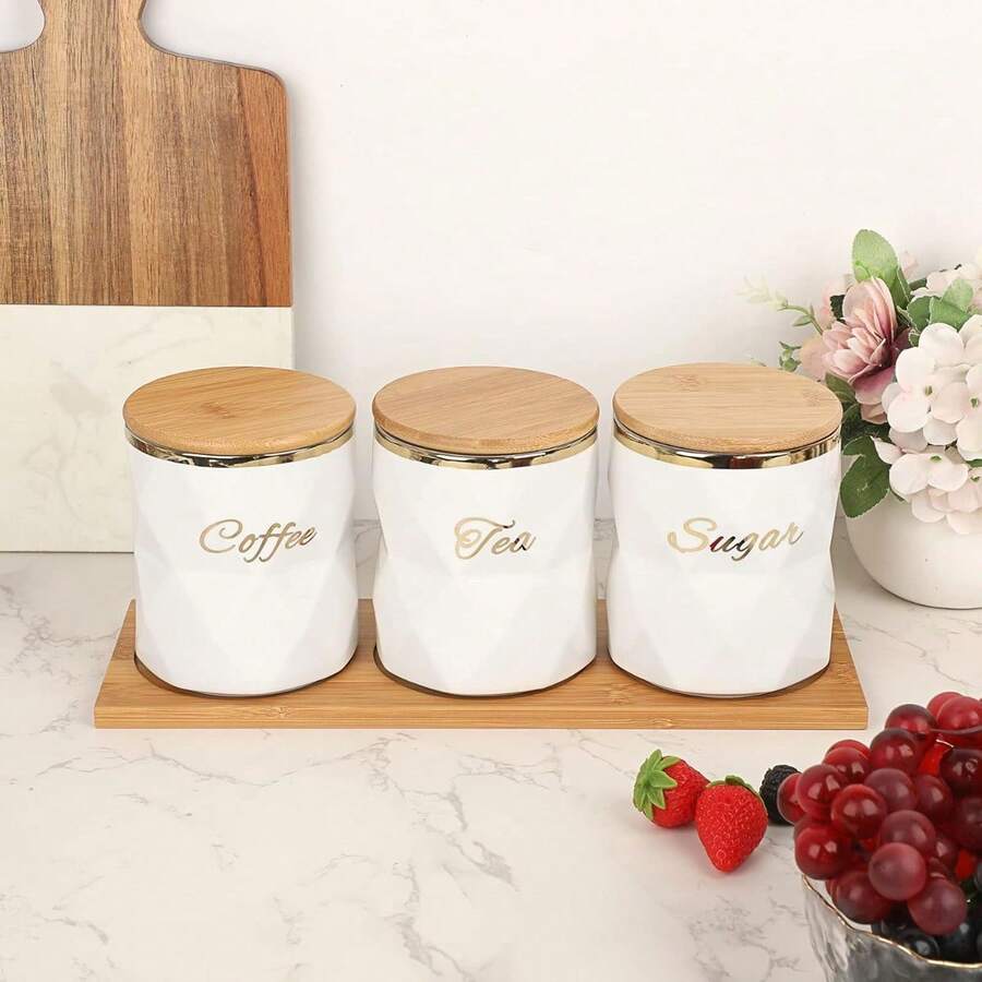 White Ceramic Sugar Coffee Tea Canisters With Lid And Tray Airtight