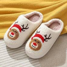 2024 Hot Selling Christmas Elk Embroidered Print Indoor Slip-On Slippers, Unisex Couple Home Slippers, Men & Women