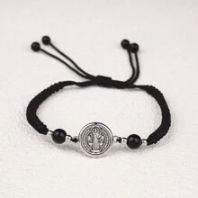 Elegant Men's Fashion Saint Benedict Bracelet - Zinc Alloy, Non-Magnetic, Adjustable Black Rope Cord - Round - View 11