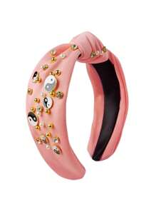 1 pieza Aro para el cabello con tela con motivo de Tai Chi y strass, accesorio de cabello versátil y personalizado estilo europeo y americano con nudo, adorno superior de calavera y cuenta