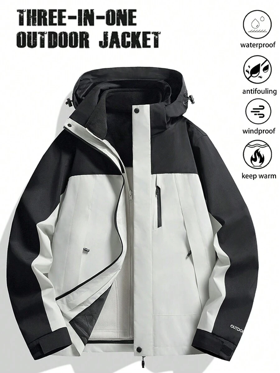 1Set Men Outdoor Hiking Sports Skiing Camping Windproof Waterproof Stain-Resistant Cold-Proof 3-In-1 Softshell Jacket & Fleece Suit - White - View 1