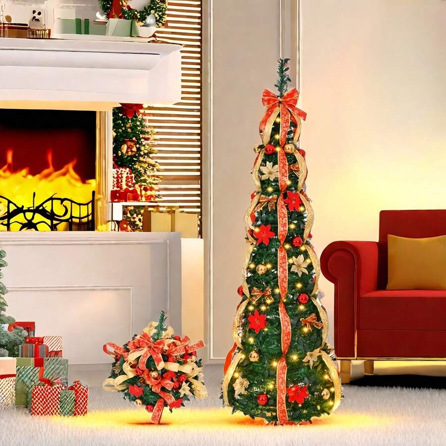 Árbol de Navidad artificial premium de 6 pies, árbol de Navidad emergente, árbol de Navidad artificial con 150 luces cálidas, adornos rojos y dorados para decoración navideña en interiores y exteriores - Verde - Ver 1