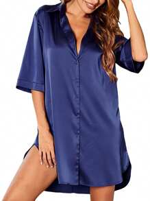 Womens Sleep Tops Underwear Summer Sleeping Shirt Half Sleeve Single Breasted Loose Nightshirt For Home Wear Lounge 4 Colors - 藍色 - 查看 1