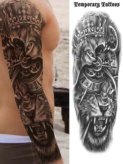 1 Sheet Full Arm Lion Gear Compass Temporary Tattoos Sleeve For Women Adults Legs Thigh Shoulder, Realistic Waterproof Long Lasting Fake Sleeve Tattoos For Men Stickers