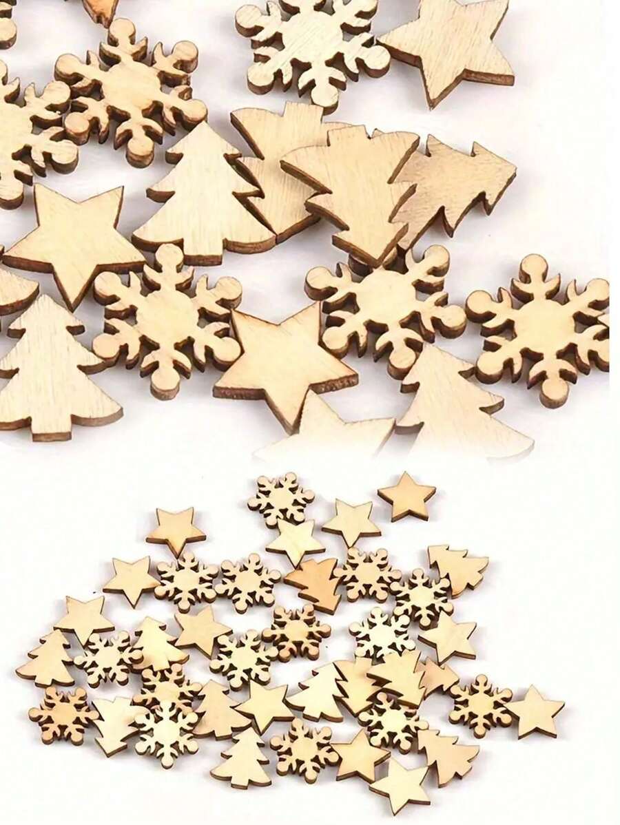 50/100 件/套迷你圣诞树雪花和星星木质五彩纸屑、圣诞树装饰品、派对/桌布/中心装饰、婚礼、生日、礼物、圣诞节 - 彩色 - 查看 1