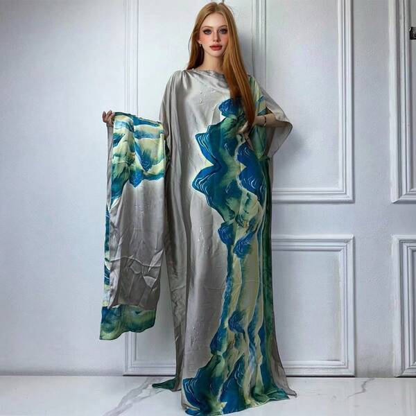 Abaya com decote canoa estampado, vestido solto elegante com manga curta e estilo morcego para primavera e verão, roupas femininas