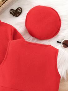 3 piezas Conjunto de chaqueta/abrigo informal elegante, femenino, dulce, lindo y retro; vestido sin mangas y sombrero para niña joven