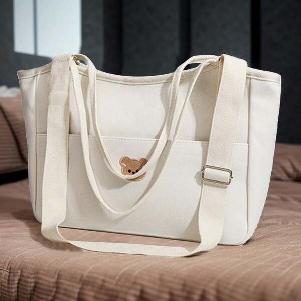 1 Peça Bolsa de Fraldas Moda Bordado de Urso Cartoon, Capacidade Grande, Design de Alça, Ombro, Multi-Bolso, Adequado para Mãe e Bebê fora da Bolsa de Mamãe