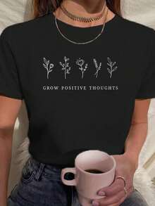 Women's T-Shirt Plant Positive Thoughts Flowers Minimalist, Motivational Phrases - 黑色 - 查看 1