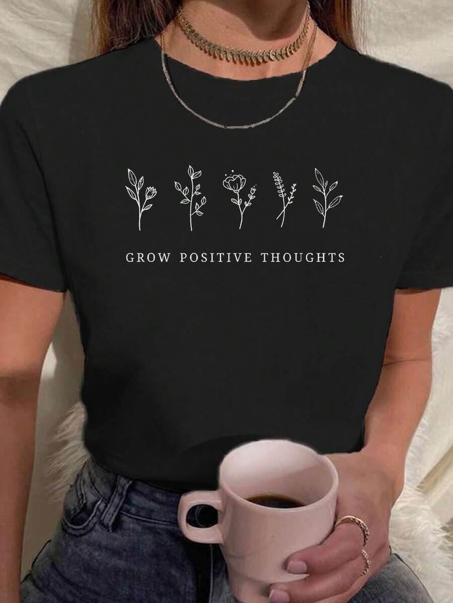 Women's T-Shirt Plant Positive Thoughts Flowers Minimalist, Motivational Phrases - 黑色 - 查看 1