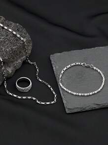 Men's Stainless Steel Jewelry Set Chain Necklace Chain Bracelet Chain Anxiety Ring Simple Sporty Style Suitable For Everyday Wear Holiday Gifts(Item Does Not Include Box)