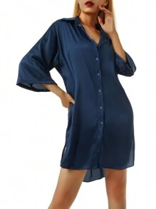 Womens Sleep Tops Underwear Summer Sleeping Shirt Half Sleeve Single Breasted Loose Nightshirt For Home Wear Lounge 4 Colors - 藍色 - 查看 4