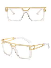 1pc Large Frame Square Double Beam Fashion Eye Frame Punk Party Personalized Clear Glasses Metal Men's Glasses Accessories - 風格2透明 - 查看 2